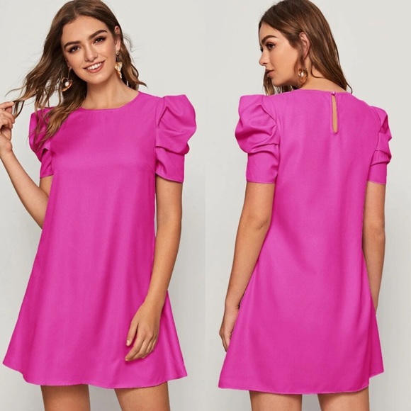 Puff sleeve babydoll shift dress keyhole cutout back short tunic green - Picture 8 of 8